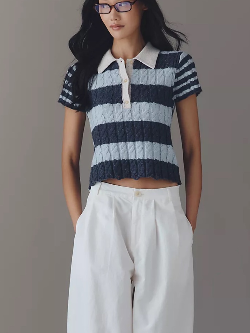 Anthropologie Pilcro Cotton Wool Blend Cable-Knit Polo Sweater